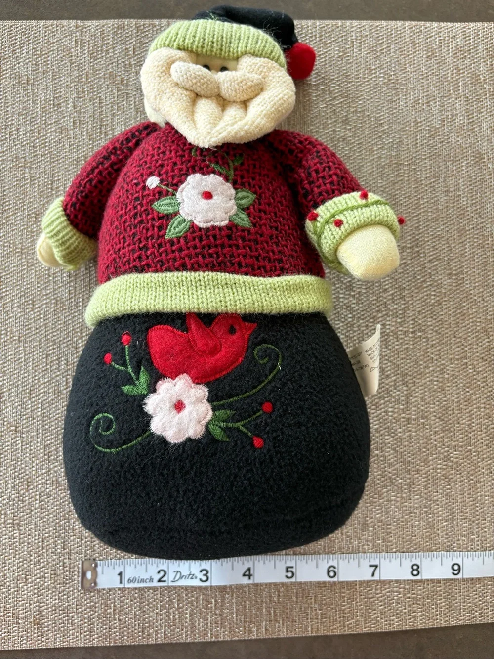 Plush Santa Claus Shelf Sitter Figurine Knit Sweater Embroidered Bird Christmas